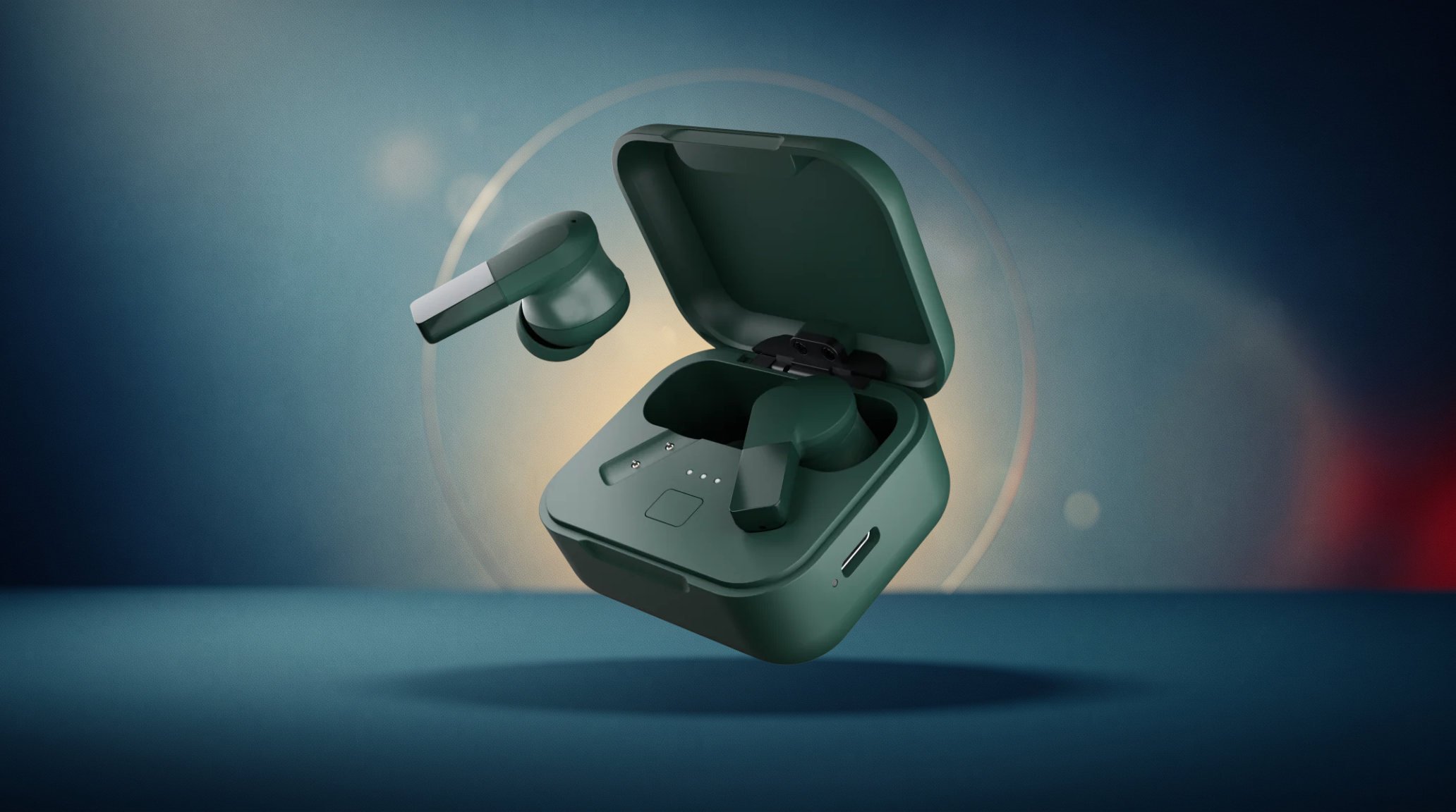 The green Fairbuds 2: an open, square charging case with one earbud inside and one loose earbud above it, floating in front of a blue background with a warm glow.