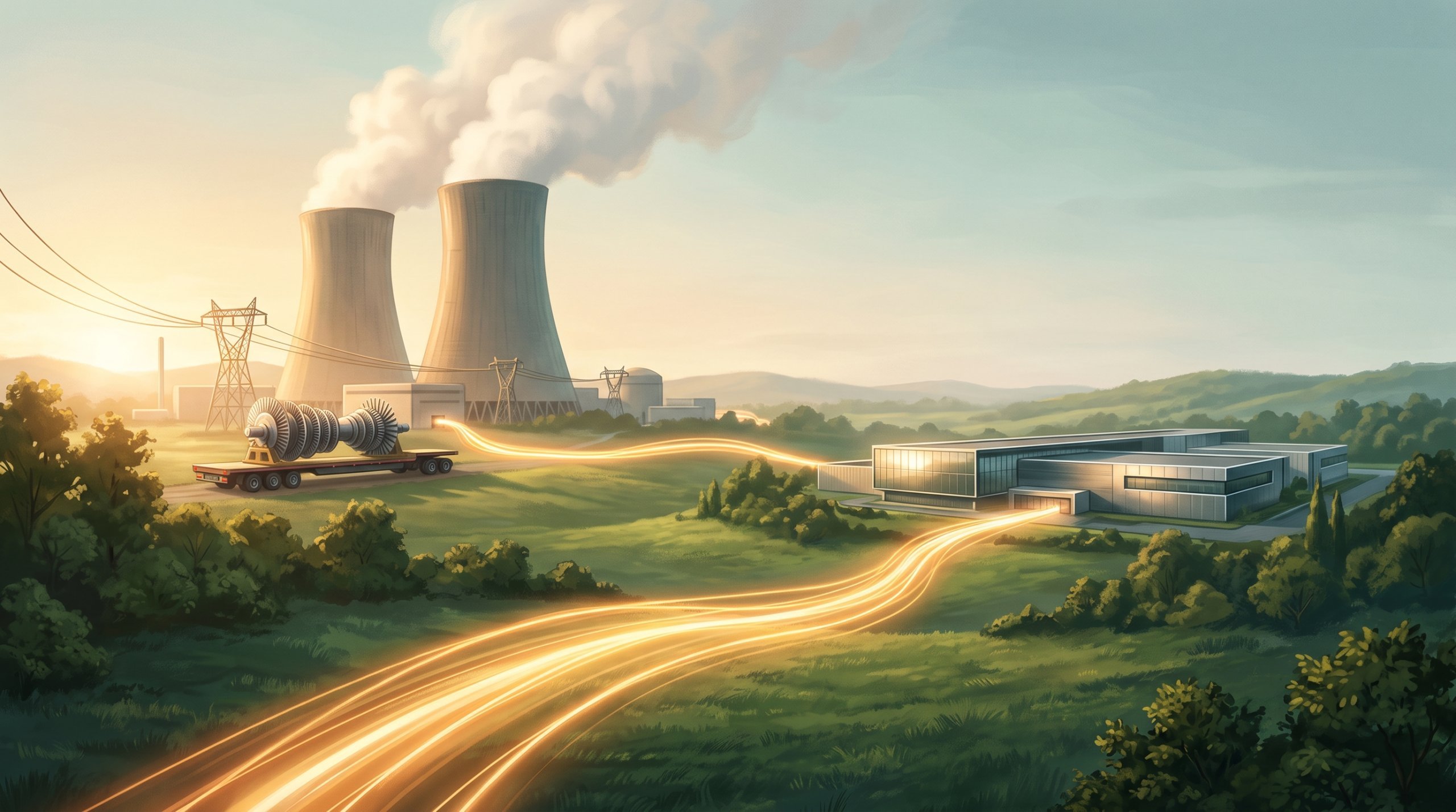 Two cooling towers of a nuclear power plant with white plumes of steam in the morning light. In front, a new turbine stands on a flatbed truck. Glowing trails of light run through green hills to a modern data centre.