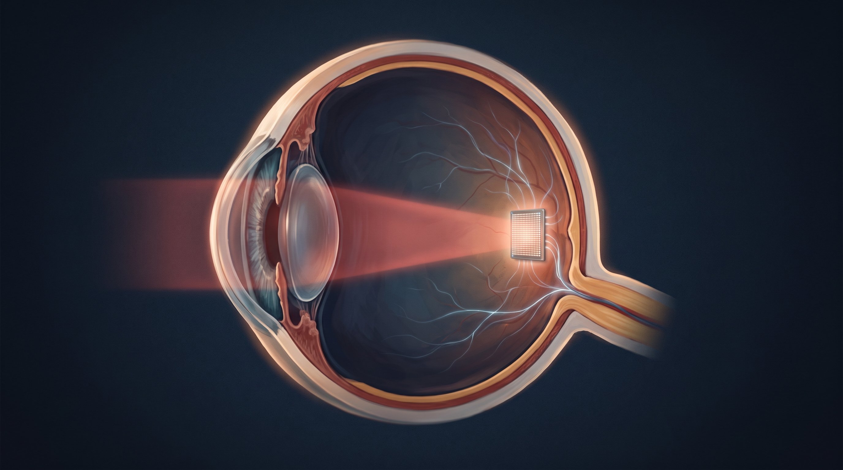 Cross-section of a human eye against a dark blue background. A red beam of light passes through the pupil and the lens to a small square chip at the back of the eye, from where the optic nerve runs backwards.