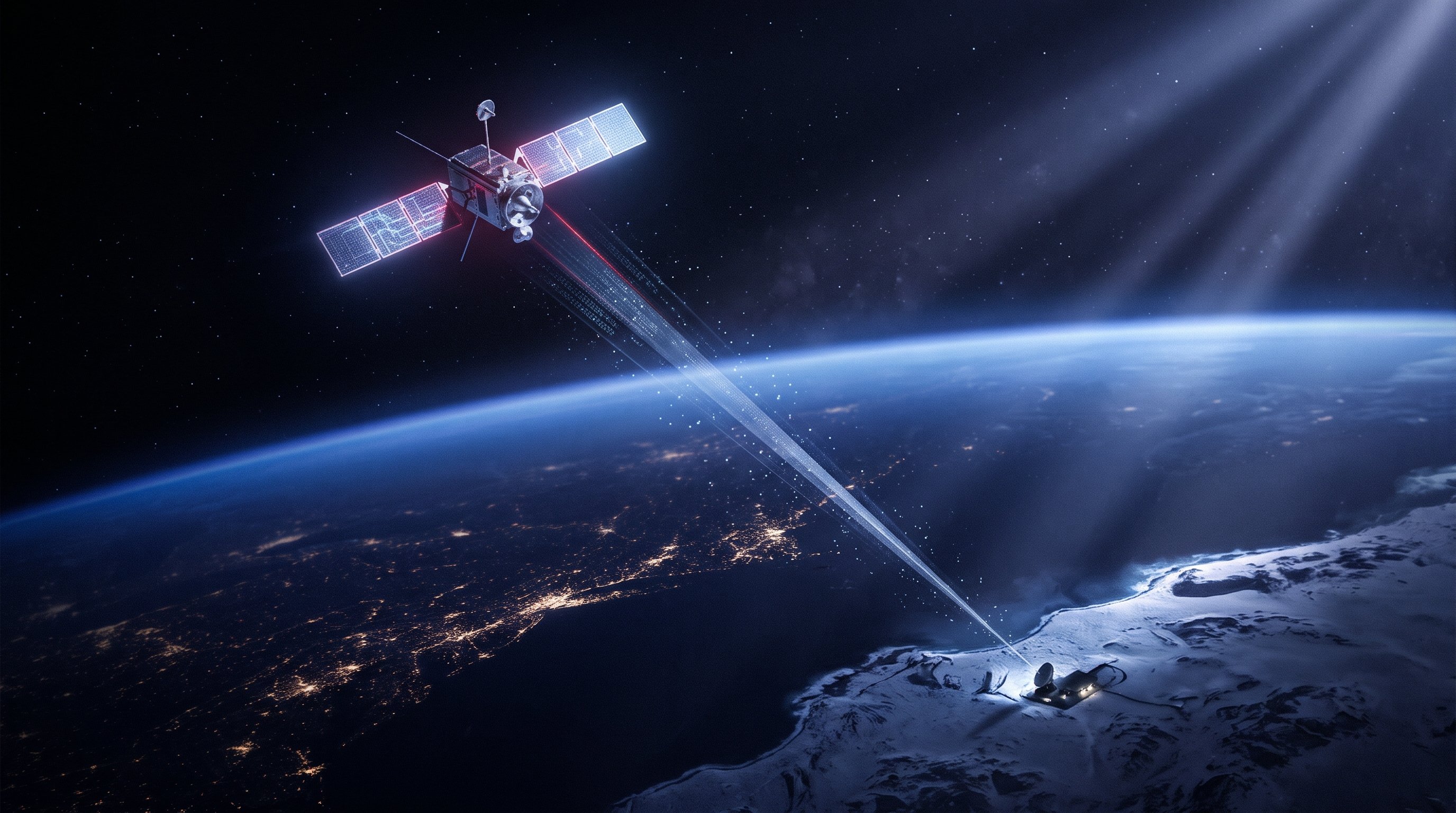 A small satellite with glowing solar panels in orbit above the curved blue edge of the Earth sends a beam of data down to a ground station on a snowy coast, with city lights below and stars above.