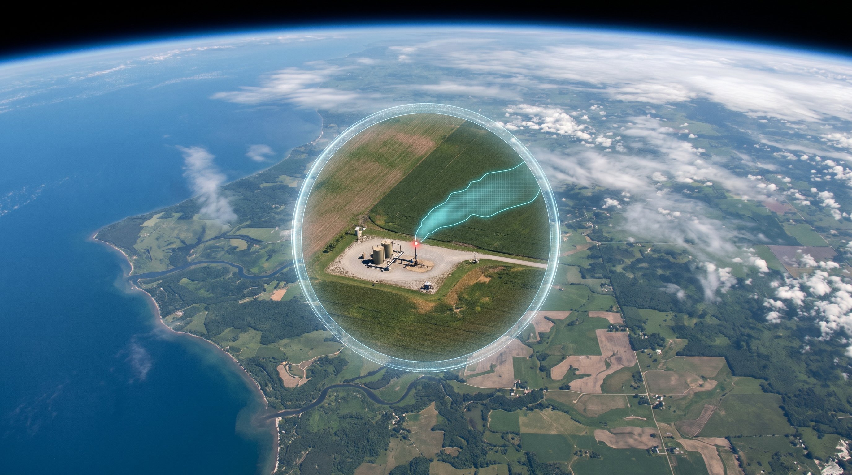 Earth seen from space with ocean, a coastline with rivers and fields, and clouds; a glowing lens magnifies a gas facility, with an outlined blue-green gas cloud and a red dot at the leak.