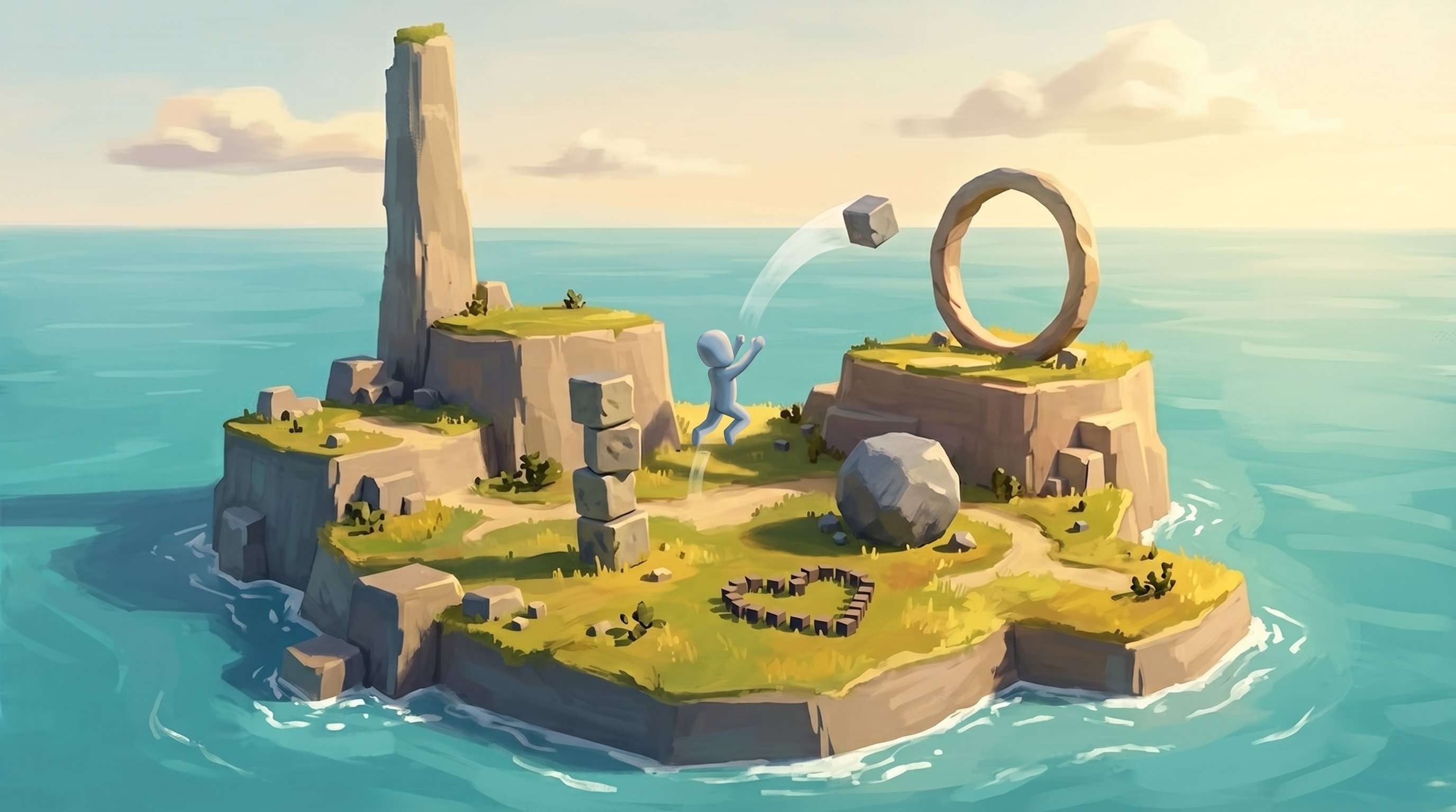 Small island with grassy rock plateaus in a turquoise sea. A smooth, faceless blue-grey figure jumps and throws a stone towards a stone ring. Also a small tower of blocks, a boulder, a heart made of blocks and a tall rock pillar.