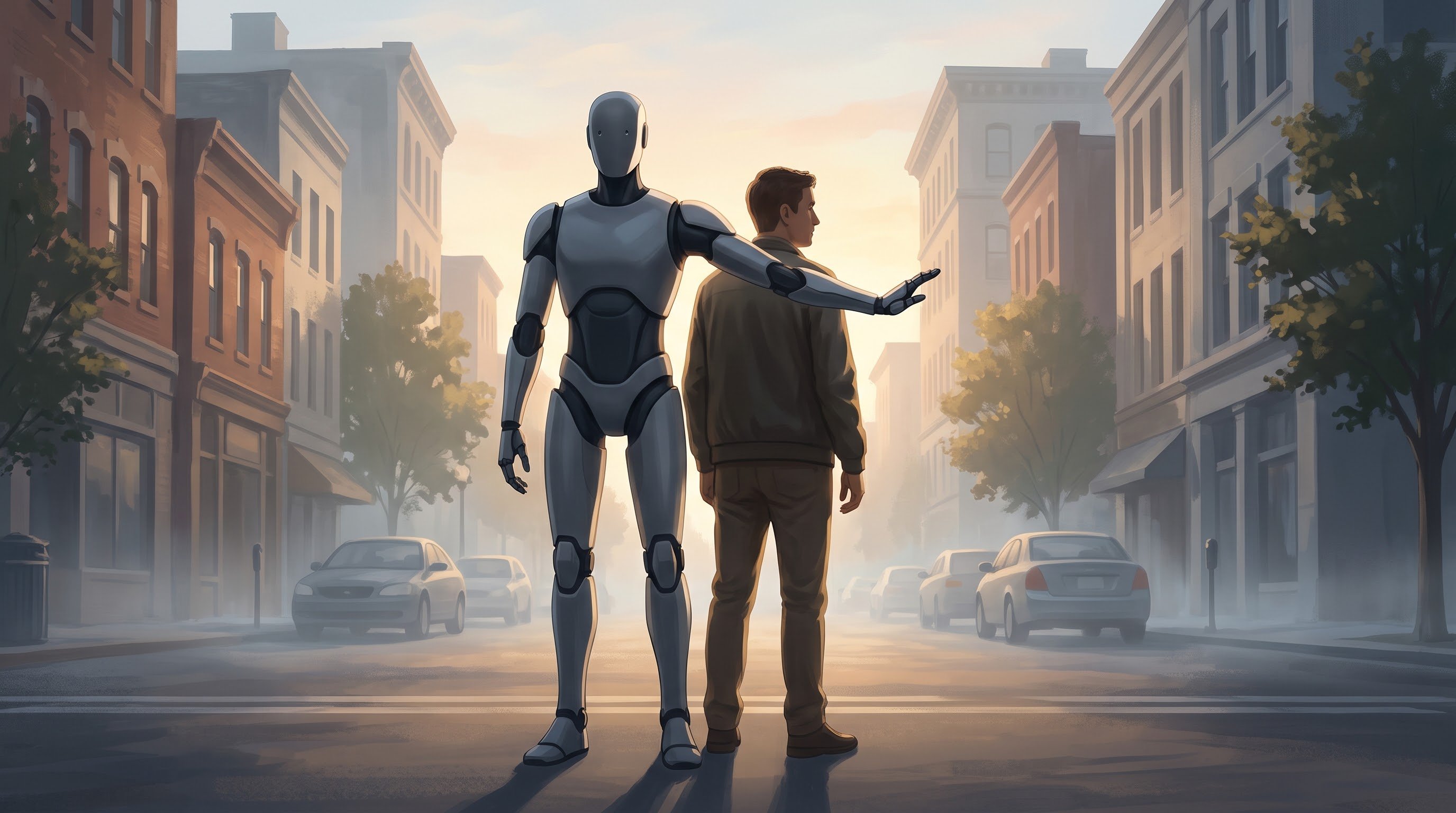 A grey humanoid robot stands on a quiet street at sunrise and holds its arm protectively in front of a man in a brown coat.