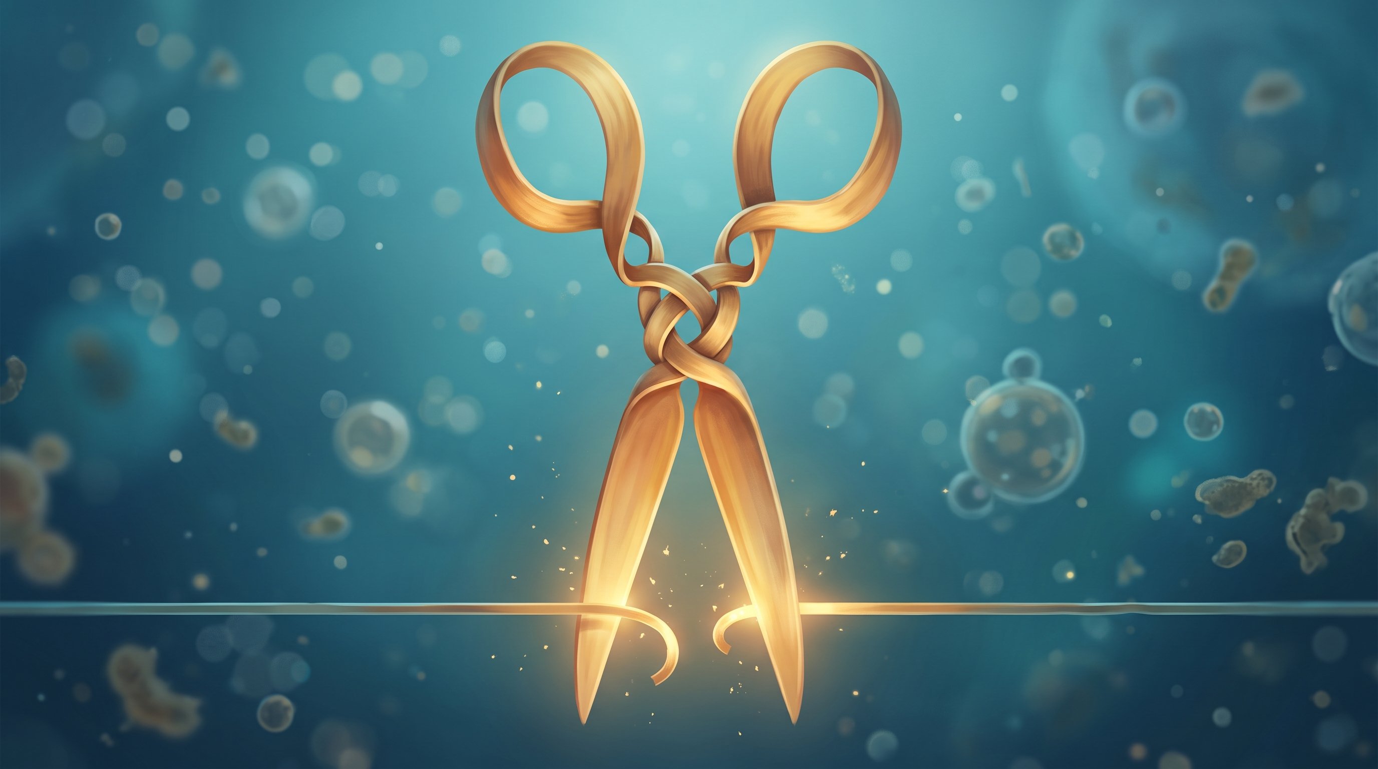 A scissor formed from golden protein ribbons cuts through a thin thread, with two curling ends and a point of light at the cutting spot, against a blue background with floating cells.