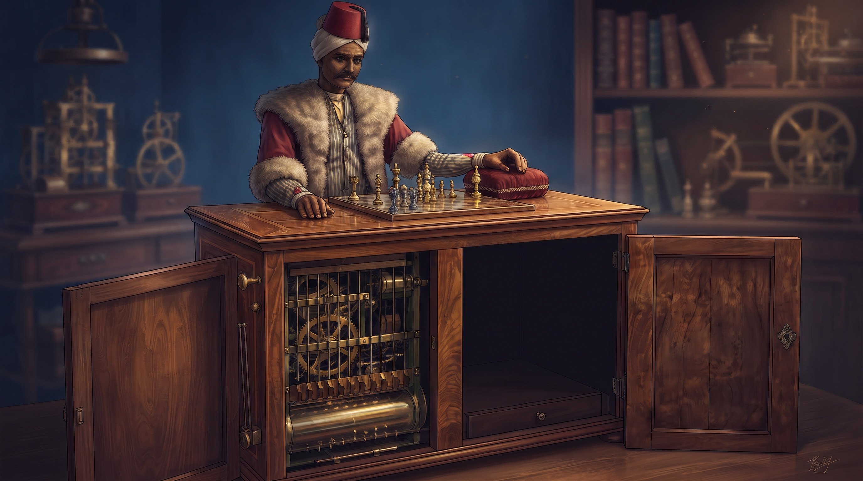 A figure in Turkish dress with a turban and fur coat sits behind a wooden cabinet with a chessboard; through the open doors, gears can be seen on the left and an empty space on the right