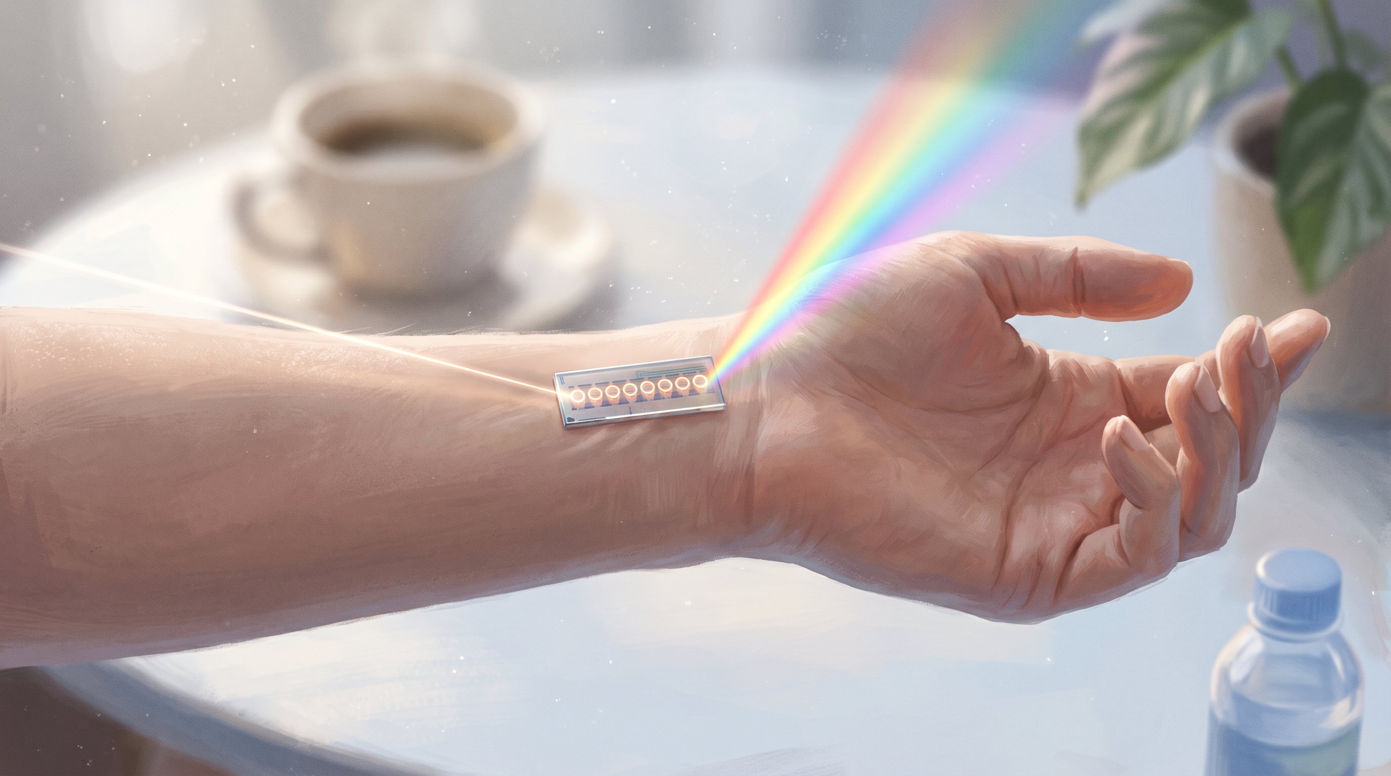 A small chip on the inside of a wrist. A thin beam of light runs through a row of glowing little rings and comes out as a rainbow. On the table are a cup of coffee, a plant and a bottle of water.
