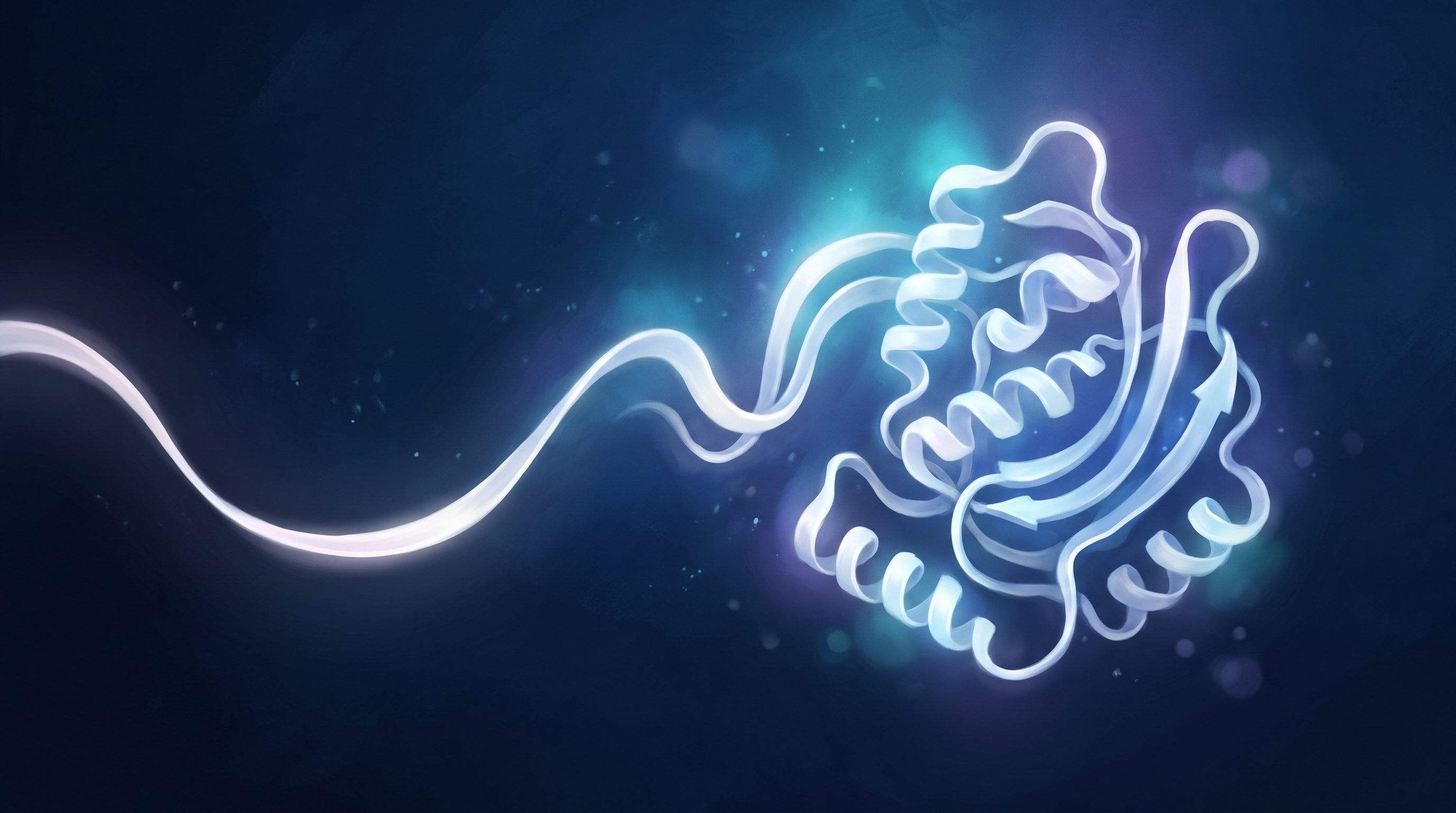 A glossy white ribbon of light drifts in from the left and folds on the right into a glowing protein model with spirals and flat arrow-shaped sheets, against a dark blue background with turquoise and purple glow.