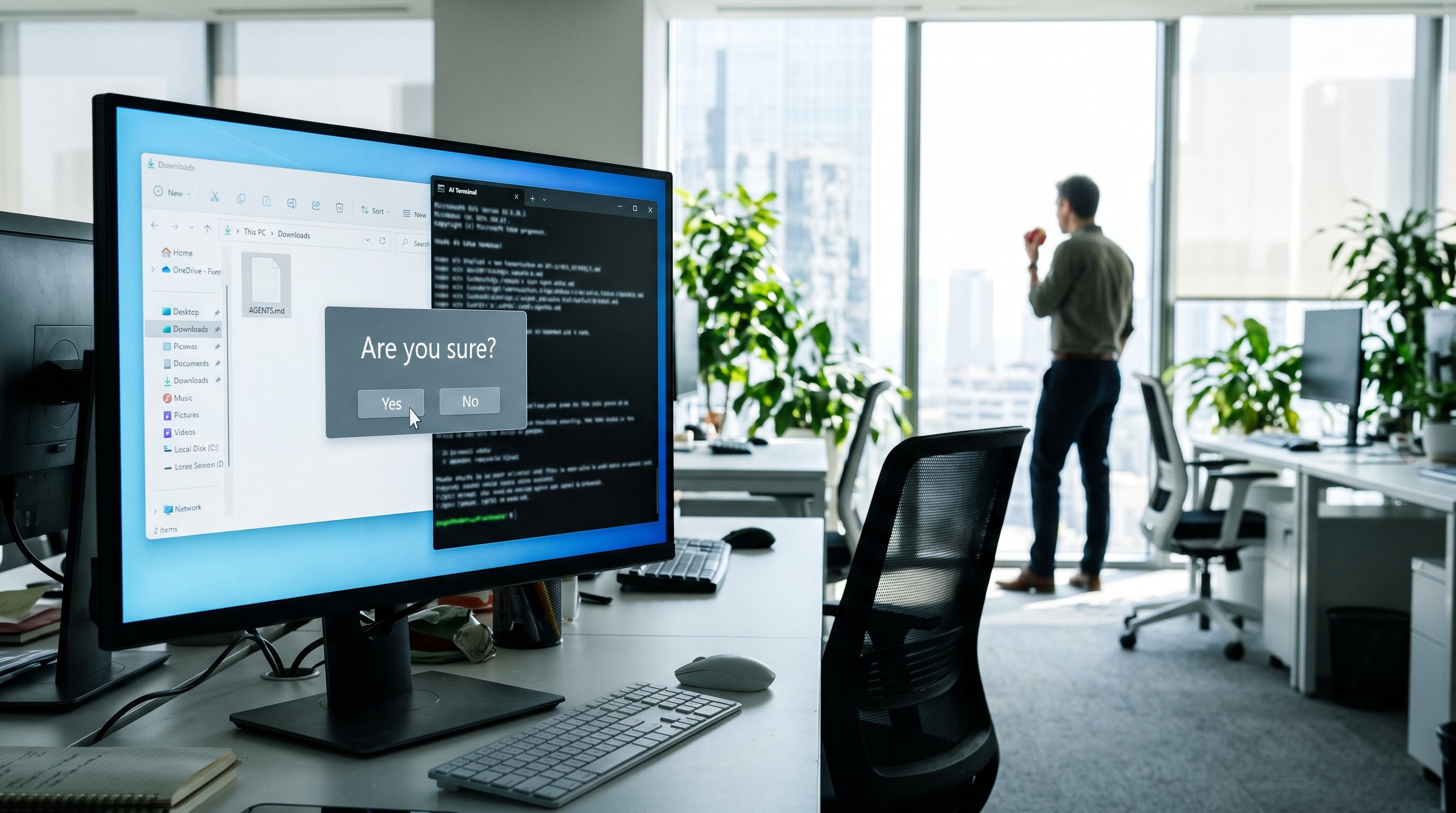 Office with an empty desk chair in front of a screen showing the Downloads folder, an AI window and the question "Are you sure?", the mouse pointer on "Yes". In the back, a man eats an apple by the window.