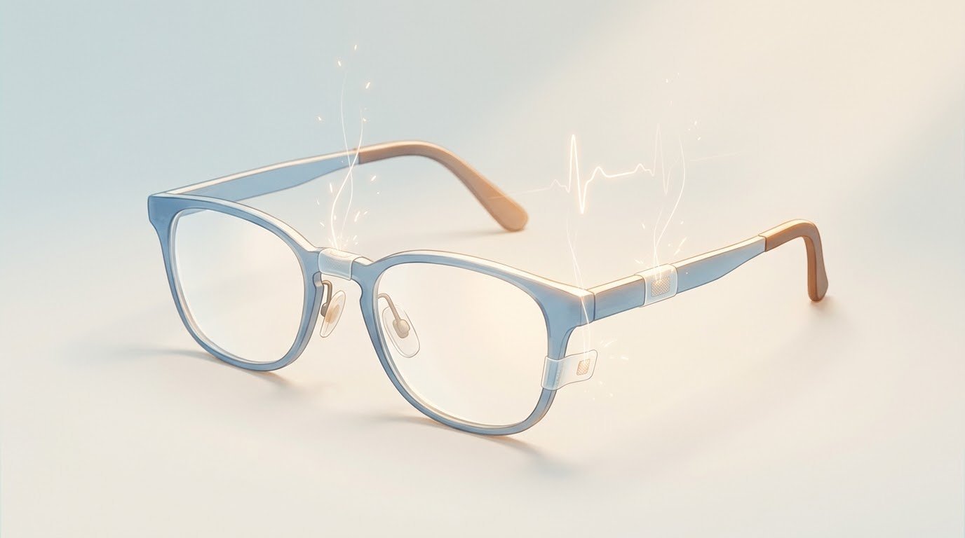 Light blue glasses on a light surface with three thin, transparent sensor strips on the frame. Glowing lines, small sparks and a heartbeat line rise from the strips.