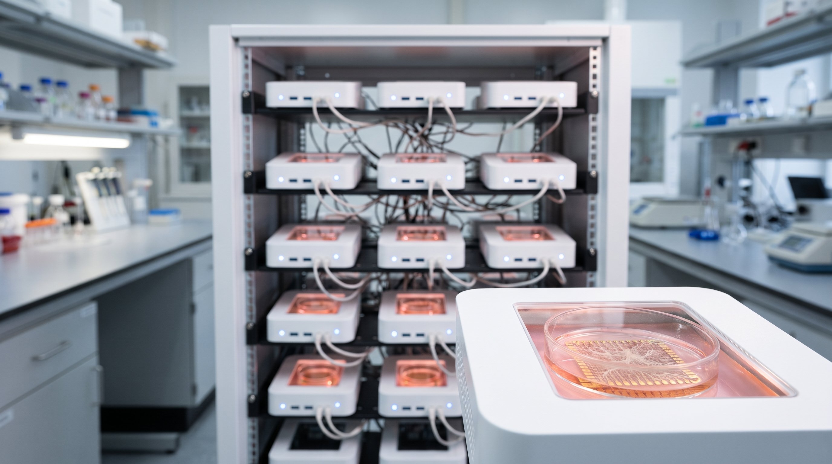 A rack full of white units in a lab, linked together by cables. In front, a unit with a small glass dish of pink nutrient liquid on a chip with gold electrodes and thin branching threads.