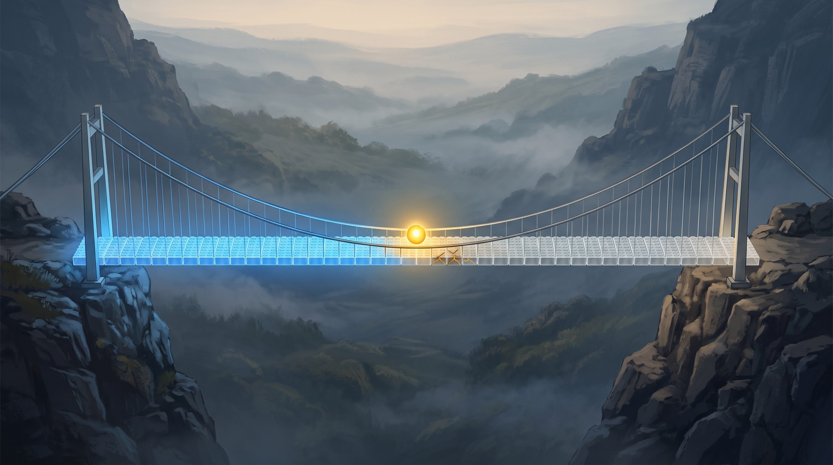 Suspension bridge of glass blocks between two cliffs above a misty valley. A golden ball of light glows in the middle of the bridge; to its left the bridge lights up blue, to its right it is still grey, with a few cracked blocks just next to the ball.