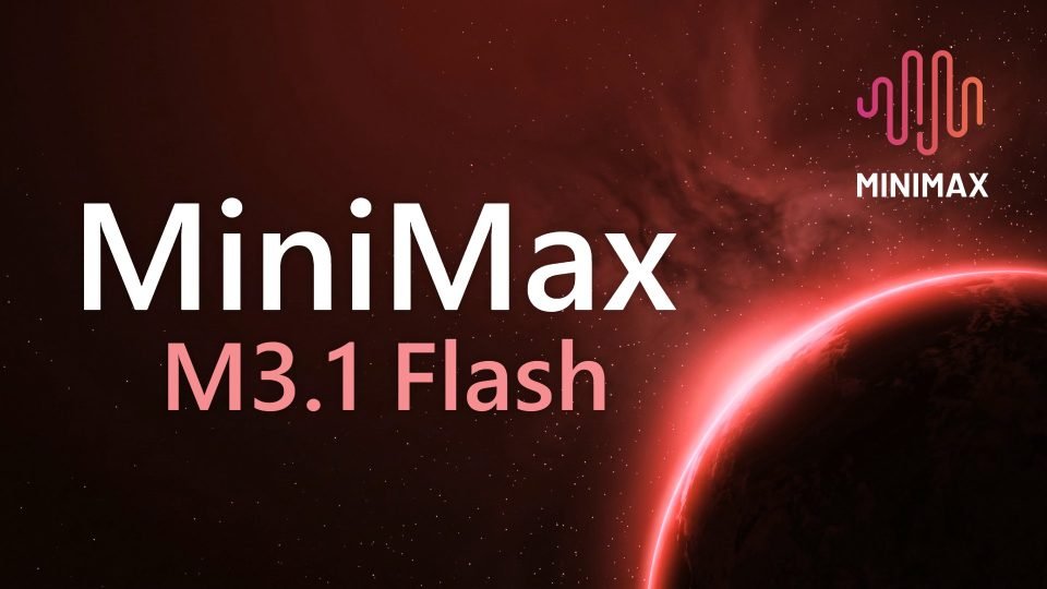 Title card with the words MiniMax and M3.1 Flash in large letters against a dark red starry sky, with a planet with a glowing red rim at the bottom right and the MiniMax logo at the top right.