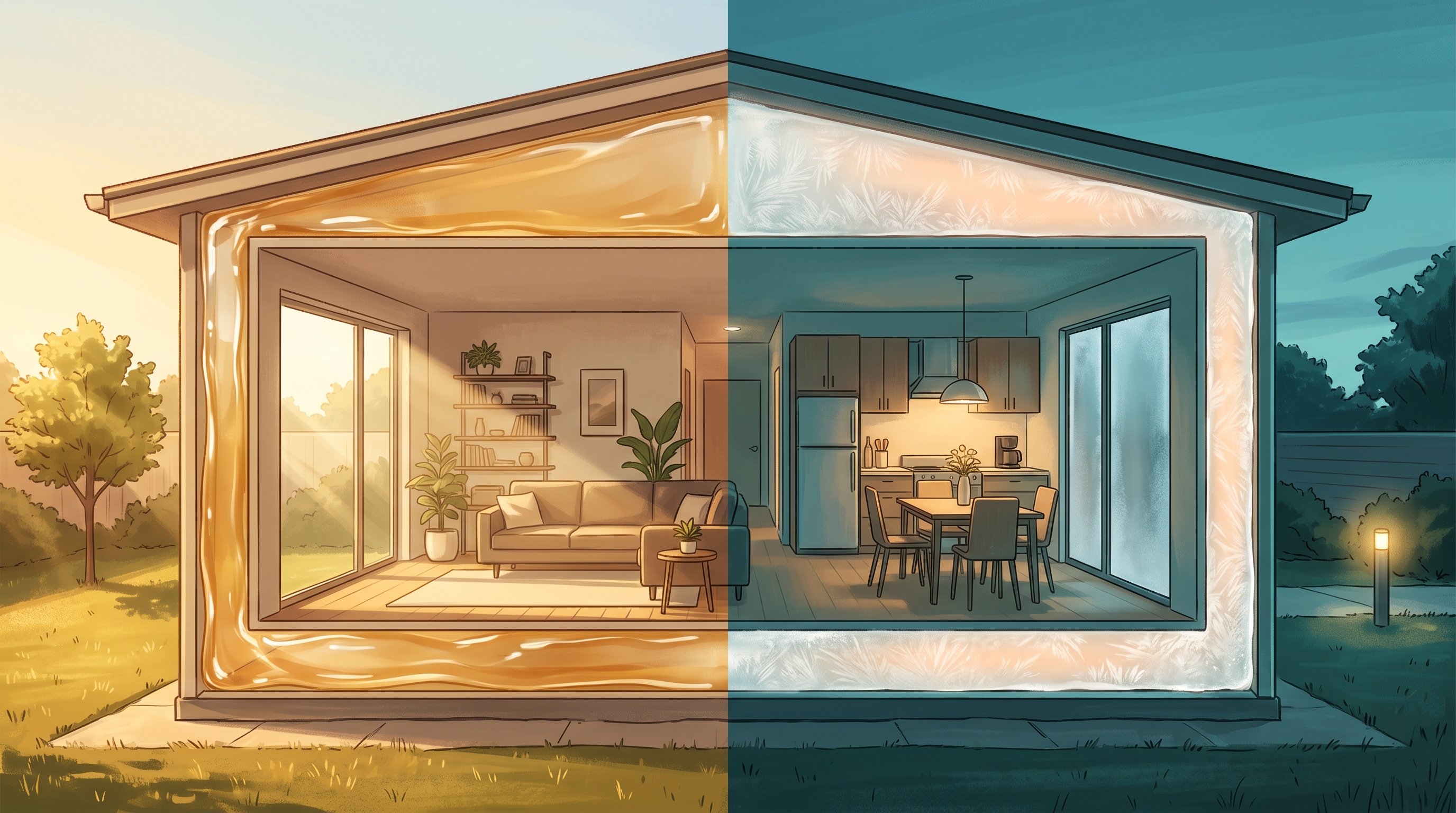 Cross-section of a house, split in two: on the left, afternoon sun and a glossy, amber-coloured layer of gel in the roof, walls and floor; on the right, evening light, the same layer white and crystalline, and opaque glass.